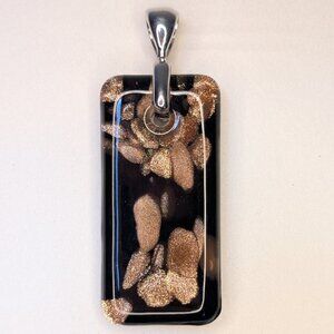 Dichroic Glass Pendant - Black Base and Whimsical Gold Metallic Design - 1990's